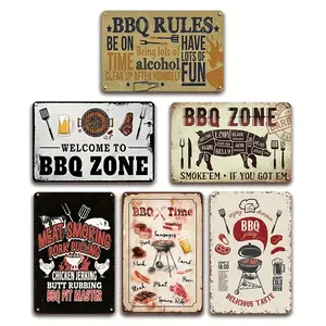 6-piece set of fun barbecue rules metal signs - 12x8inch Vintage Iron Wall Decor, Outdoor Patio Decoration, Suitable for Man Cave, Courtyard, Garden, Bar, and Kitchen - No Electricity Required for BBQ Area Decoration
