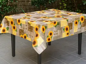 Sunflower Vinyl Tablecloth for Indoors and Outdoors with Yellow Gingham Design and Sunflower Pattern Floral Durable Waterproof Easy to Clean