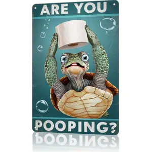"Are You Pooping?" Turtle Bathroom Metal Sign - 8x12 aluminum restroom decor for homes, Airbnbs, or TikTok silly bathroom skits! Adorable turtle with toilet paper design, ideal for viral pet bathroom content and gift unboxings for turtle lovers