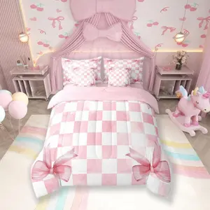7 Pieces Pink Bowknot Kids Comforter,Geometric Grid Checkered Patchwork Fashion Bedding Set,Bow Tie Knot Princess Chic Unique（Comforter+Fitted+Flat Sheet+2 Pillowcases+2 Throw Pillow Covers）