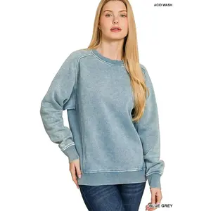 Acid Washed Fleece Sweatshirt with Side Rib - Blue Gray - by Zenana