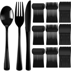 150 count Disposable Cutlery Set Plastic Silverware Heavy Duty Utensil Sets 50 Forks 50  50 Spoons for  Office School Party Picnics Restaurant Outdoor Events(Black)