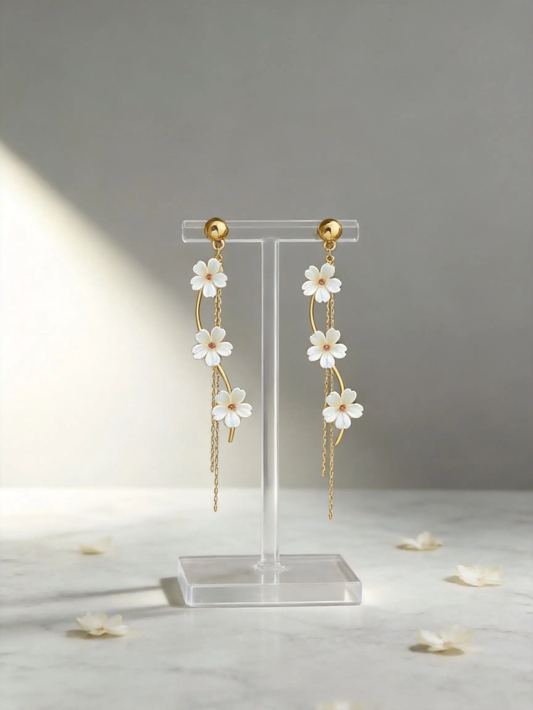 Women's Elegant 1 Pair Crafted Floral Charm Drop Earrings - Gold Accent Tassel, Shell Petals, Crystal Accents for Bridal & Date Night