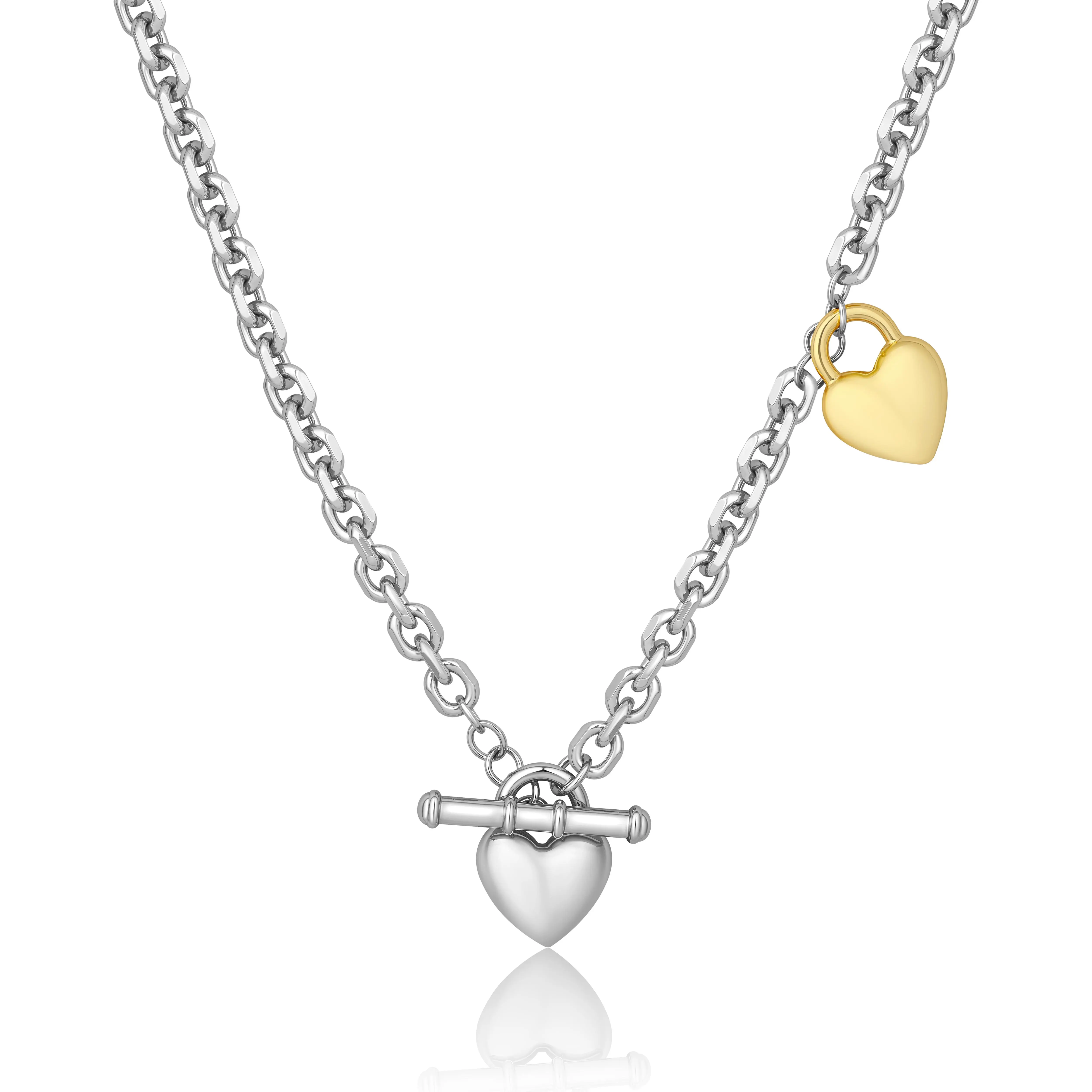 Aprilery Two-Tone Heart Charm Necklace for Women, Stylish Mixed Metal Curb Chain with Dual Heart Pendants, Unique OT Toggle Clasp Design, Fashion Chunky Link Statement Jewelry for Daily Wear and Anniversary Gift tiktokshopbacktoschool