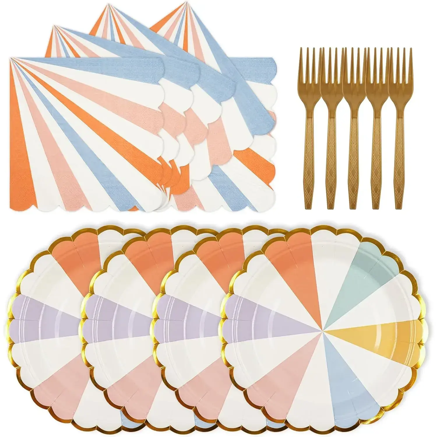 72PCS Disposable Colorful Tableware Set - Gold Foil Edge, 6.5-inch Scalloped Striped Pastel Paper Plates & Napkins, Party Supplies for Birthday, Bridal Showers