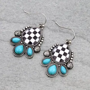 Checker Pattern Teardrop with Concho Dangle Earrings Burnished Silver and Turquoise Color Fashion Jewelry Elegant Design Stylish Accessories
