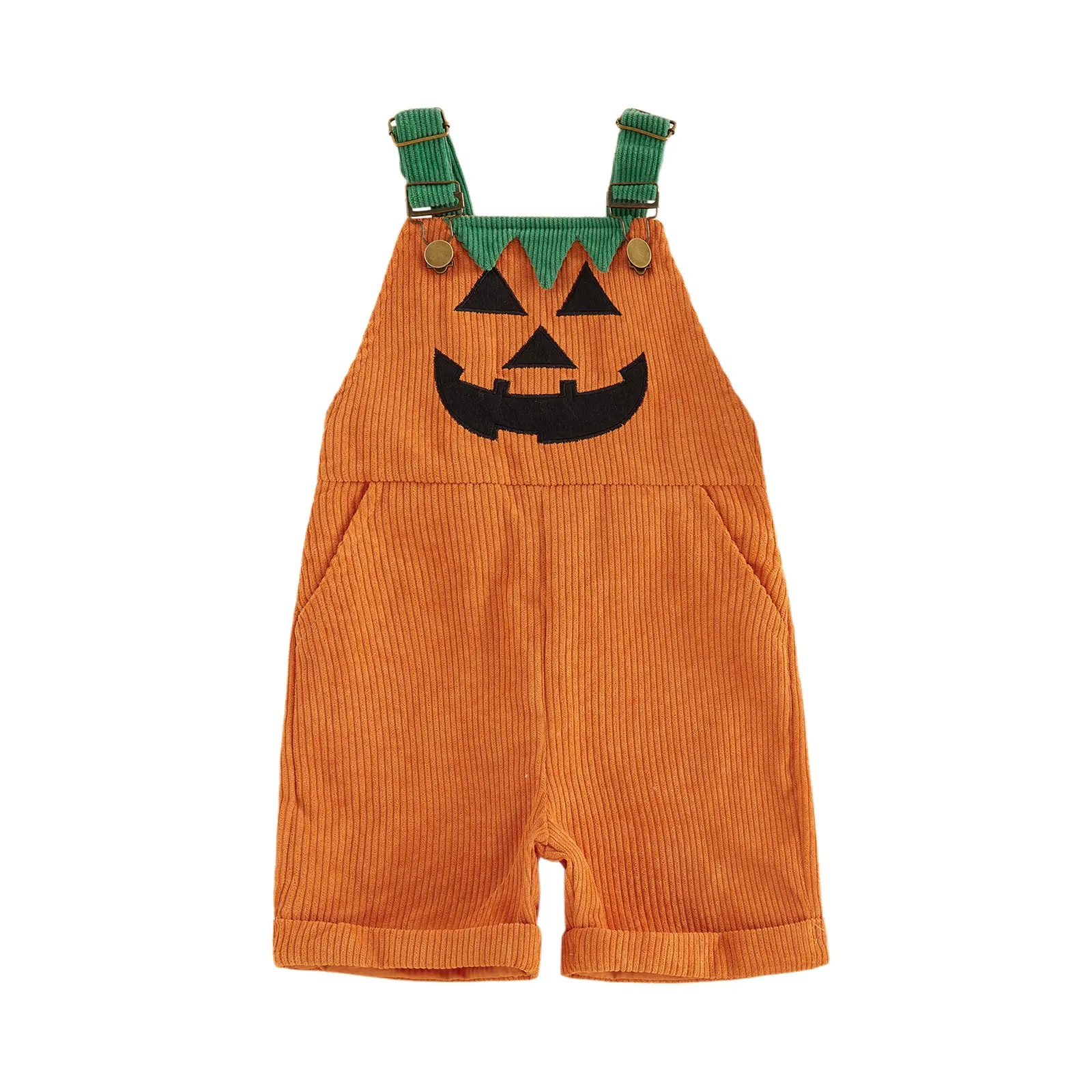 Toddler Baby Boy Halloween Overalls Pumpkin Costume Jack-O-Lantern Face Ribbed Sleeveless Jumpsuit with Pockets Adjustable Straps Fall Harvest Outfit