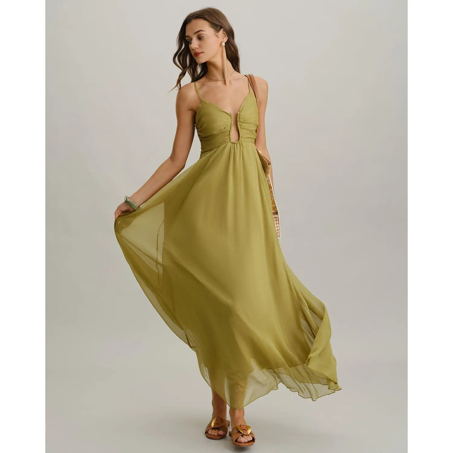 RIHOAS Women's High-Waisted Polyester Green Solid Strap Ruched Slip Maxi Dress - Women's Clothes, Wedding Guest Dresses, Festival Party Wear