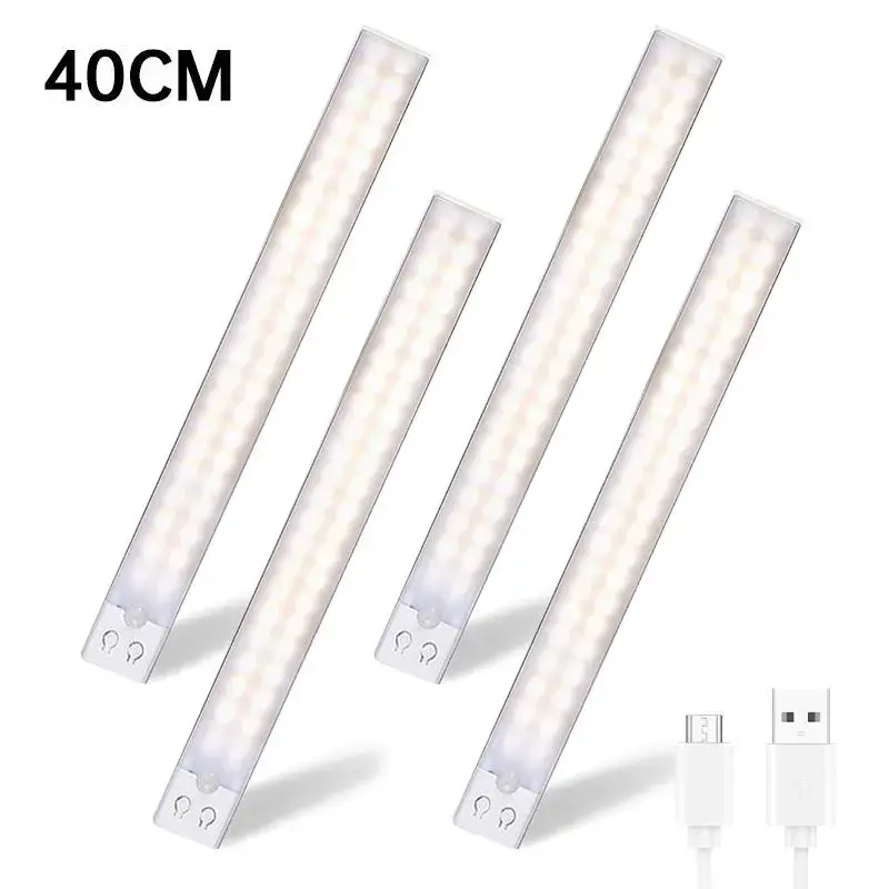 4-Pack Under Cabinet LED Strip Lights with Motion Sensor, USB Charging, Auto Shut-Off, Eye-Care Gradual Brightness, Natural Light, Warm White, Bright Even Illumination for Closet, Kitchen Counter, Bedroom