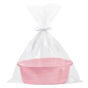 Pro Goleem Small Woven Basket with Gift Bags and Ribbons Durable Baskets for Gifts Empty Small Rope Basket for Storage 12"X 8" X 5" Baby Toy Basket with Handles, Pink