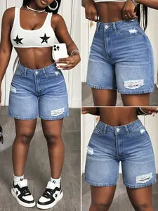 Women's Plus Size Loose Comfortable Chic Denim Shorts, Ripped Design, Breathable Summer Wear, Elegant Fitted Style, Zipper Fly Closure, Bottoms