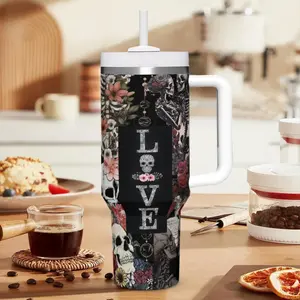 1pc 40oz Gothic Skull Floral Tumbler with Handle, Stainless Steel Vacuum Insulated Water Bottle with Straw for Goth Lovers