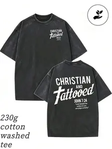 1 Piece Men's Christian Tattoo John Gospel 3:16 T-Shirt - 230GSM Heavy Cotton, Double-Sided Vintage Washed, Black Streetwear T-Shirt With Bold Religious Pattern, All-Seasy2k,Vintage,Streetwear Christmas Thanksgiving gift,Cyber Monday