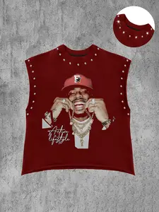 Men's Sleeveless Vest with Hip Hop Print and Rivets, Loose Fit Casual Streetwear, Perfect for Trendy Parties and