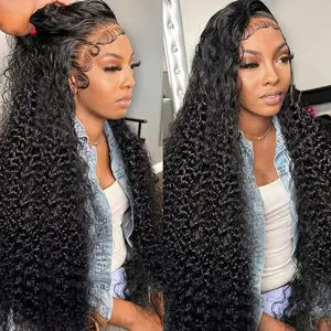 Bling Hair 32inch Kinky Curly Lace Front Wigs Human Hair Pre Plucked 180% Density 13x4 13x6 HD Transparent Lace Frontal Curly Wigs Human Hair Deep Curly Human Hair Wigs For Women Natural Black #SummerVibes