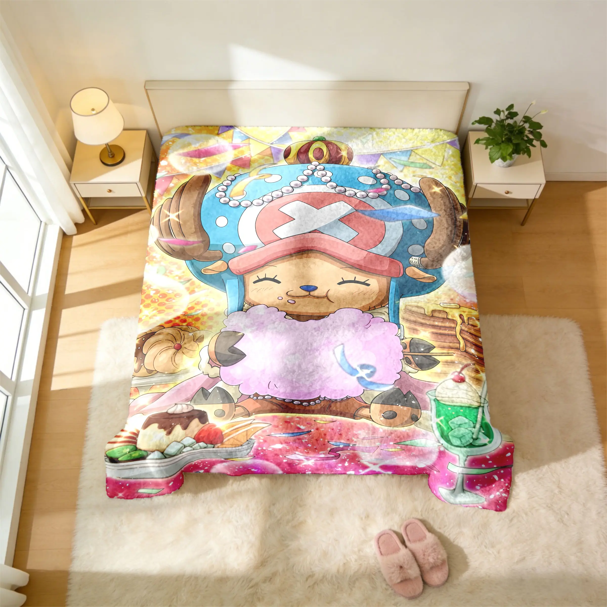 One Piece Tony Tony Chopper Blanket, Flannel Cozy Blanket, Cartoon Print Blanket - Chopper & Pastry Motif Prints, Skin-Friendly & Machine Washable, Plush & Warm, Multi-Scene Use, Perfect Gift for One Piece Fans, Blanket Gifts, Flannel Blanket