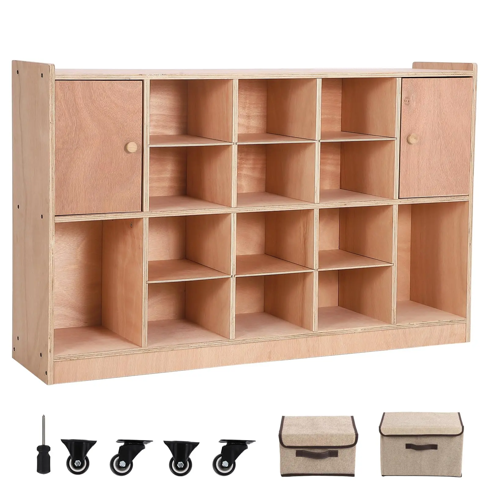 Garvee Cubby Tray Storage Cabinet with 2 Doors, Storage Organizer Cubes with 2 Anti-Flip Fittings, 4 Castors and 2 Boxes for Home, School, Kindergarten, Classroom Furniture, Natural