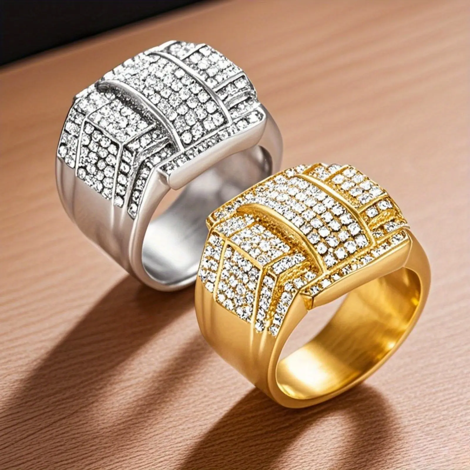 Men's Elegant Punk Style Iced Out Ring - Sparkling Synthetic Zircon, Stainless Steel, Street Rock Party & Daily Wear Costume Jewelry Rings, Iced Out Rings