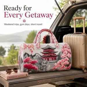 Large Quilted Weekender Bag with 3D Raised Floral Temple Print, 18x9x9in Travel Duffel Tote for Gym, Overnight Trips & Carry-On Use