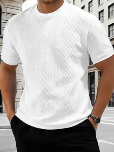 Men's Spring Summer Textured Fabric Solid Color Short Sleeve Round Neck T-Shirt, Casual Minimalist Loose Knit Top, Perfect for Fashion Outdoor Sports & Daily Wear, Menswear, Casual Summer Clothing