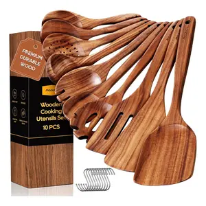10PCS Teak Wooden Spoon Set with Hooks - Spatula Included, Smooth Finish, Non-Stick, Comfortable Grip, Heat-Resistant Kitchen Cooking Utensils