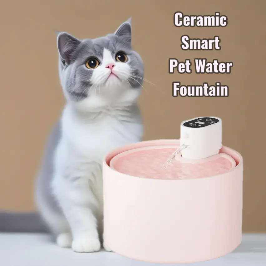 Girly Pink Ceramic Smart Pet Water Fountain - 2.3L, Ultra-Quiet, 9-Level Optional Winter Heating, 4-Stage Filtration, 4000mAh Long-Lasting Battery, 60-Day Wireless Use, Self-Cleaning, Dishwasher-Safe for Indoor Cats & Dogs, Silent Pump, Solid Colors