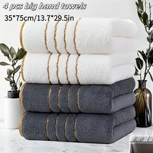 4 large 35*75cm/13.7*29.5inch gold striped coral fleece towels, various colors, suitable for bathroom, hotel, gym for Christmas and holidays, hotel supplies, quick-drying fabric, face towel, Super Absorbent Towel, Water Absorbent Towel