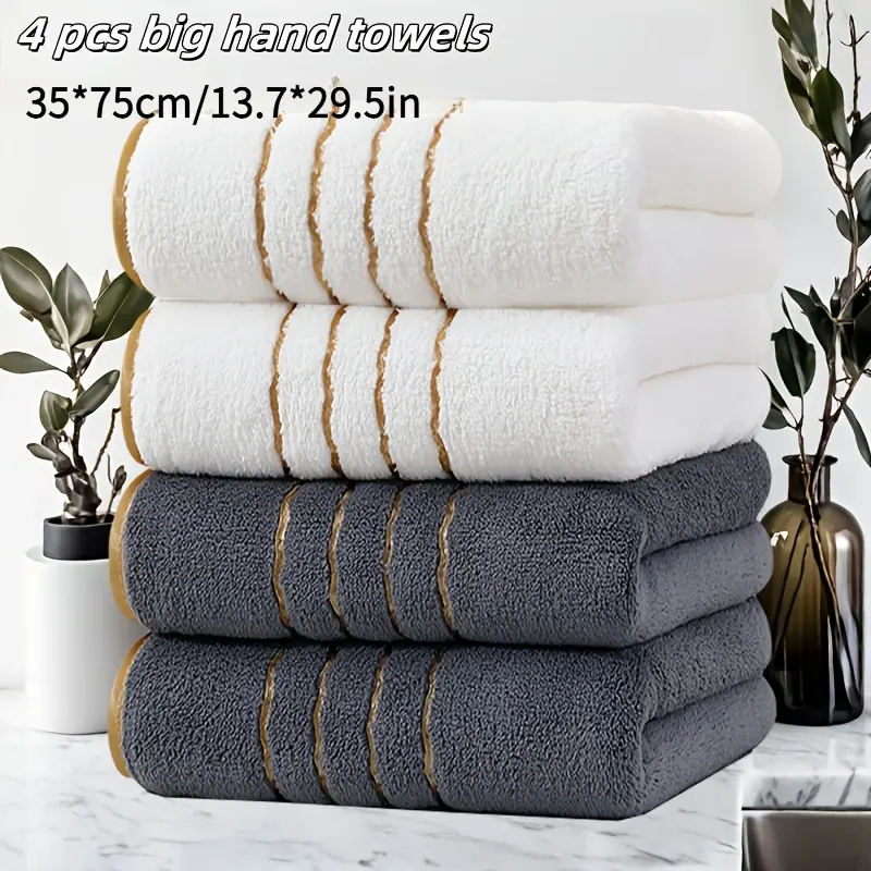 4 large 35*75cm/13.7*29.5inch gold striped coral fleece towels, various colors, suitable for bathroom, hotel, gym for Christmas and holidays, hotel supplies, quick-drying fabric, face towel, Super Absorbent Towel, Water Absorbent Towel
