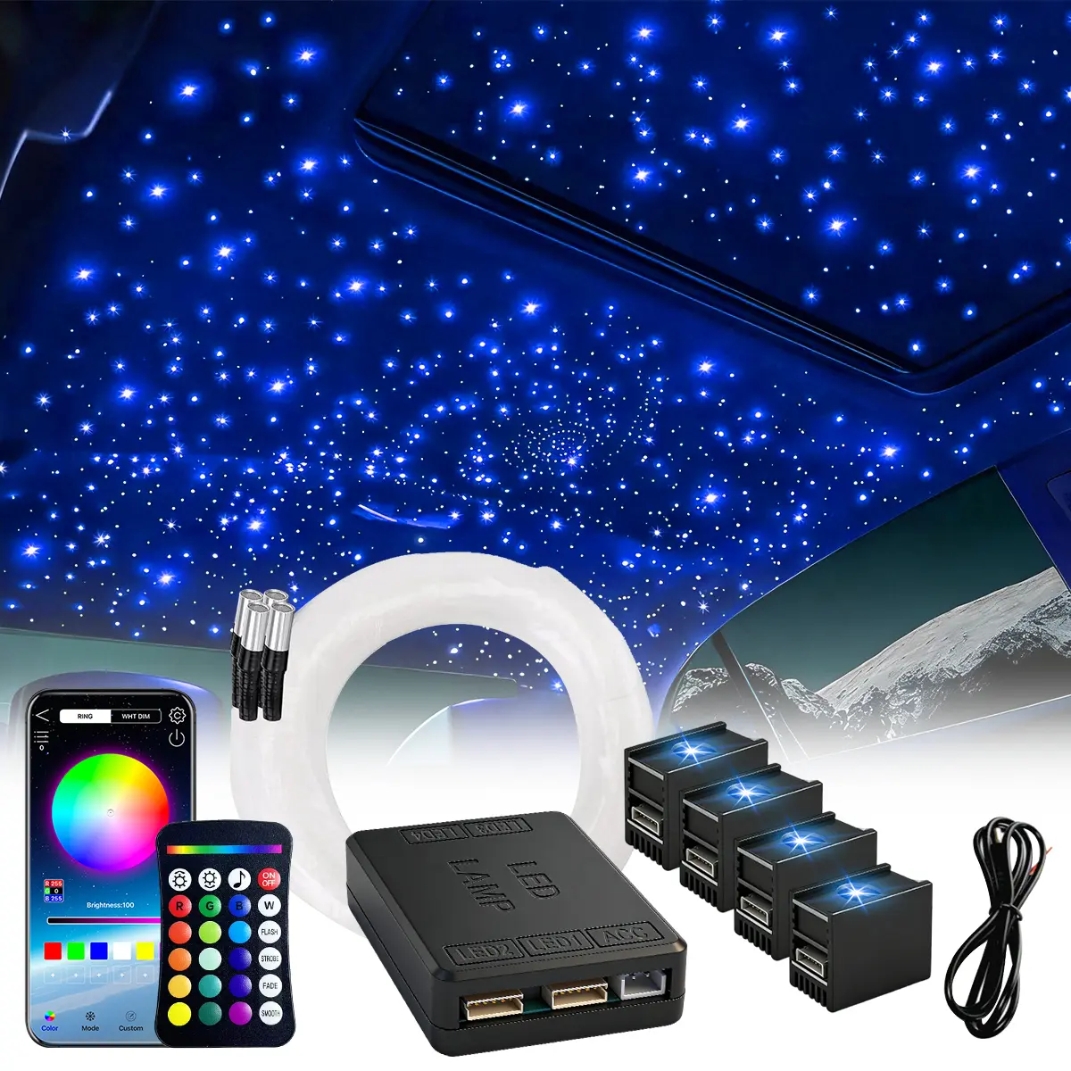 Split Type Starlight Headliner Kit, 16W DC12V RGBW Fiber Optic Star Ceiling Lights, 150/300/600/900/1200pcs 0.75mm 2m Optical Fiber, 24 Key RF Remote, Music Mode, Pre-Terminated Fibers for Medium & Small Car Roof Decor