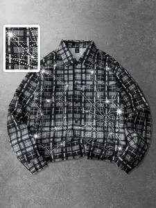 Sparkling Rhinestone Butterfly Plaid Shirt Top, Black And White Checkered Long Sleeve Button-Up, Y2K Casual Streetwear For Party And Daily Wear