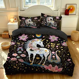 Boho Style Unicorn Pattern Bedroom Bedding Set for Teenagers, 3-Piece Twin Size, Warm All Seasons, Includes 1*Quilt Cover and 2*Pillowcase, Ideal for College Dorms