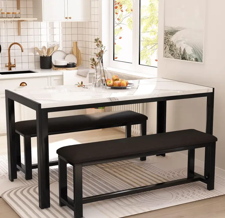 Hooseng Dining Room Table Set with 2 Benches, Dining Table Set for 4-6, Dinner Table Set for 4, Faux Marble Breakfast Table Set & PU Leather Upholstered Benches for Small Spaces, Apartment, White