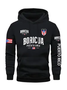 Puerto Rico Boricua Cultural Printed Hoodie, Casual Hooded Sweatshirt, Black, White, Gray Styles with Flag, Cultural Element, Graphics Patterns, European and American Hispanic Street Style Outfit, Comfortable, for Cultural Enthusiasts