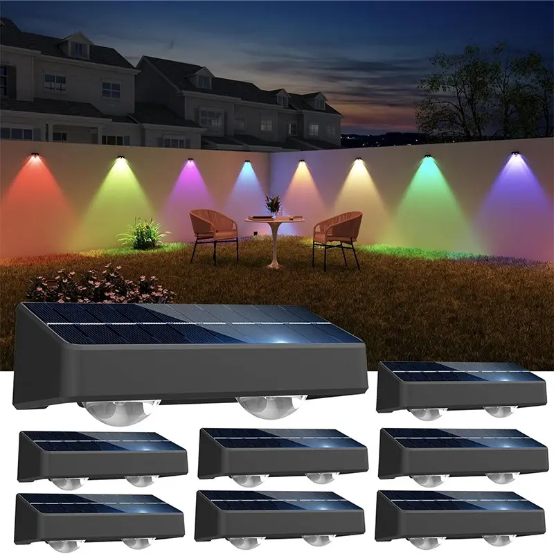 8-Pack Solar Fence Lights | 9 Colors & 11 Lighting Modes Solar Wall Lights | IP65 Waterproof Outdoor RGB Color-Changing Fence Lights | Ideal for Garden, Yard, Patio, Deck & Stairs, Outdoor Lighting Modern Outdoor Decorative Solar Powered Light