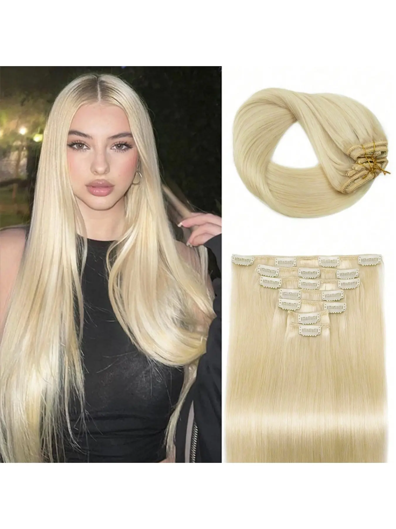 Balayage Straight Clip-In Hair Extensions, Hair Pieces, Human Hair Natural Blonde Clips, 7pcs Pack for Women, Easy DIY Hairstyles, Glueless Clip In