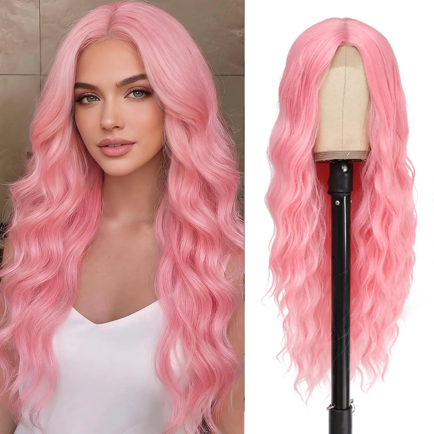 Pink Wigs for Women 26 Inch Long Pink Synthetic Wig Middle Part  Wig Heat Resistant Fiber Cosplay Wig for Party Halloween Daily Wear