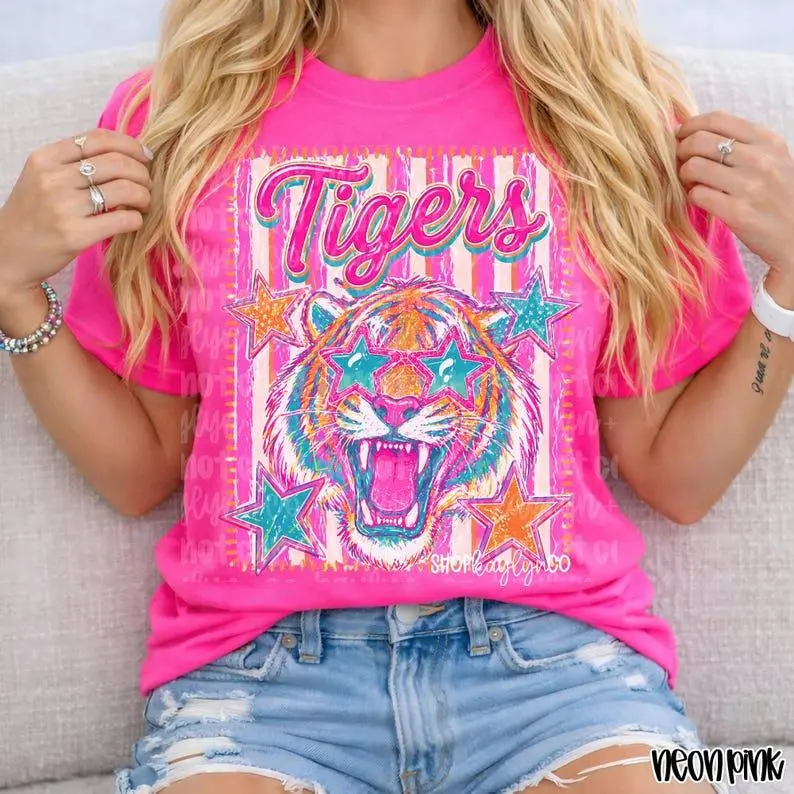 Comfort Colors Preppy Tigers T Shirt, Striped Preppy Stripes Tigers T-shirt, Game Day Shirt, Mascot Tee, Women's  College Sweatshirt, School Fan Outfit, Coquette Apparel, Flowers Preppy Fall Clothes, Gift for Her