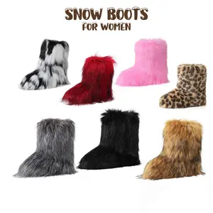 Womens Faux Fur Boots Furry Fluffy Winter Boots Snow Boot Round Toe Suede Comfy Plush Flat Slip on Boot Warm Fur Lined Indoor Outdoor Mid Calf Fashion Booties Gifts Shoes for Women Chilly Day Booty Deals For You Days