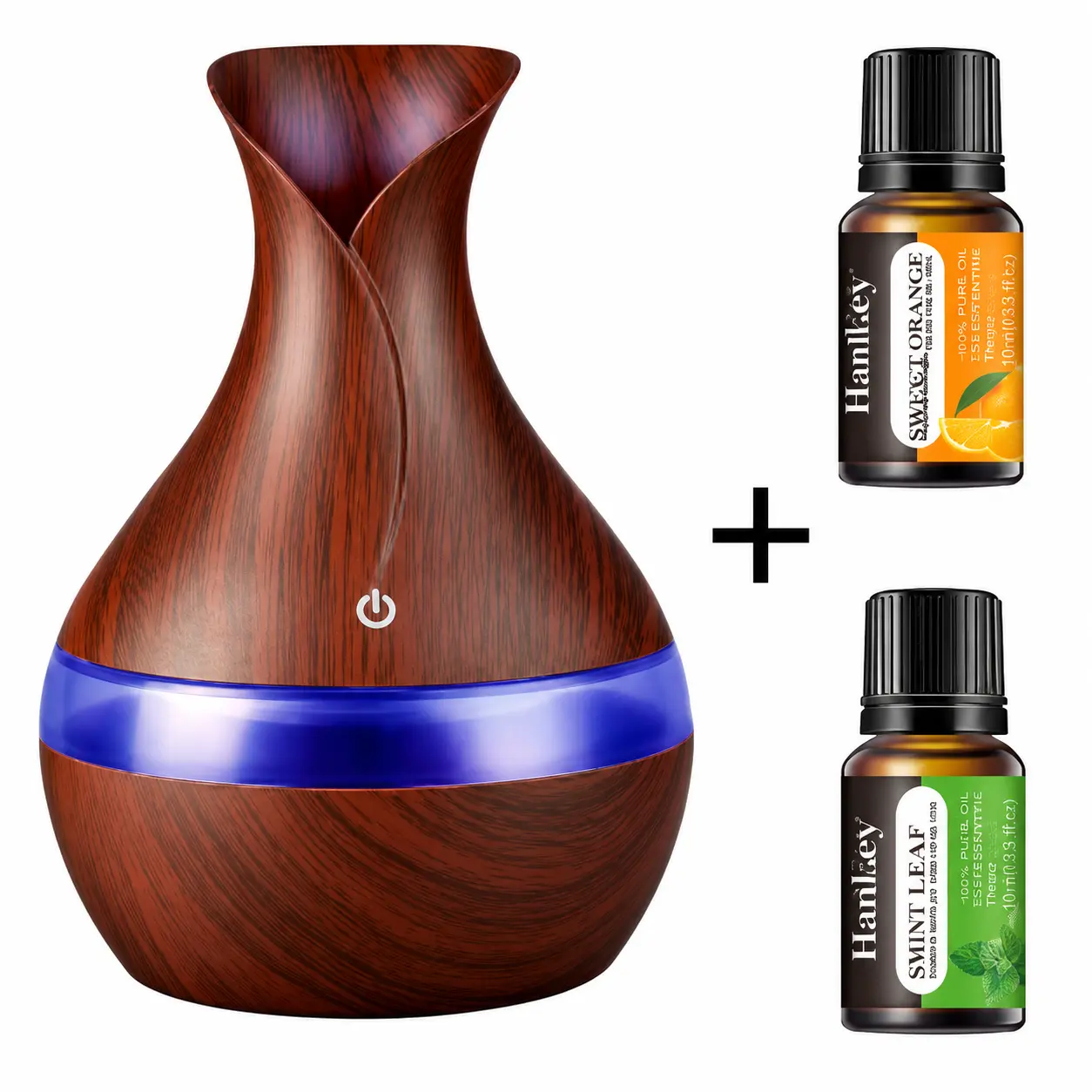 300ml USB Aromatherapy Humidifier & Essential Oil Diffuser with 7 Color LED Night Light, Touch Control Wood Grain Mini Mist Diffuser for Bedroom, Office, Spa, Yoga Room & Home Decor, Includes 2 Essential Oils