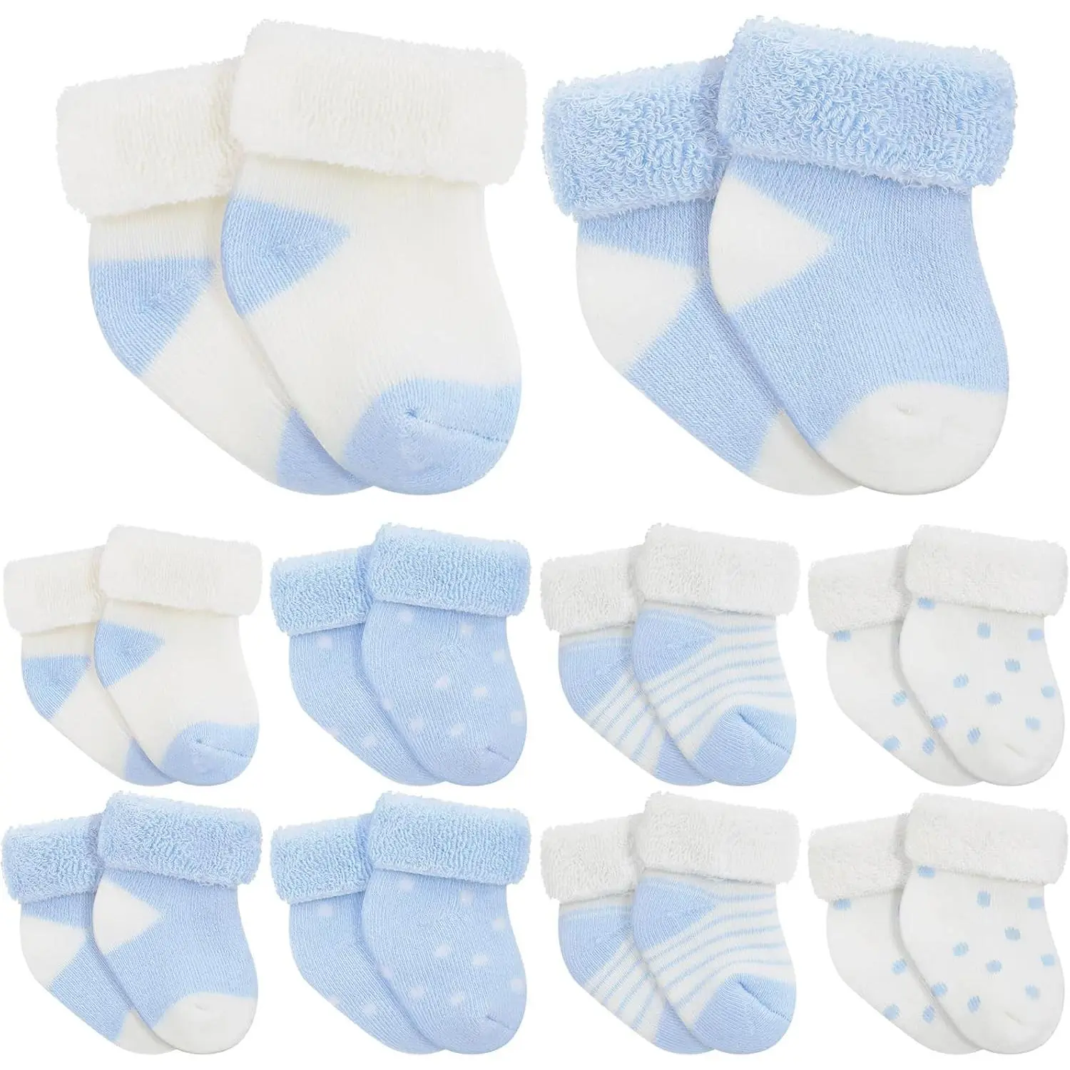 Preemie Size Baby Girl Socks - 10-Pair Soft Terry Cotton Pull-On Booties with Turn Cuffs, Blue White Solid Colors, for NICU Newborns, Christmas Daily Wear