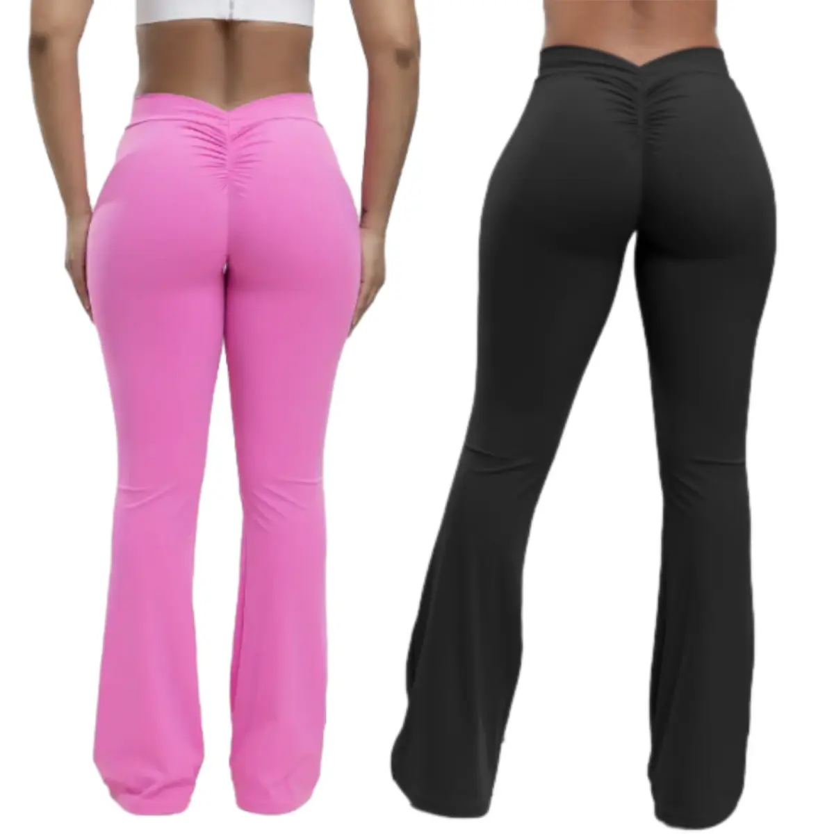 Women's High-Waist Flare Pants Black & Pink Stretchy Polyester Yoga Leggings for Fitness Gym Workout Quick-Dry Comfort Fit All-Season Wear V-Back Design Scrunch Butt Feature Bootcut Cut Breathable Activewear Bottoms