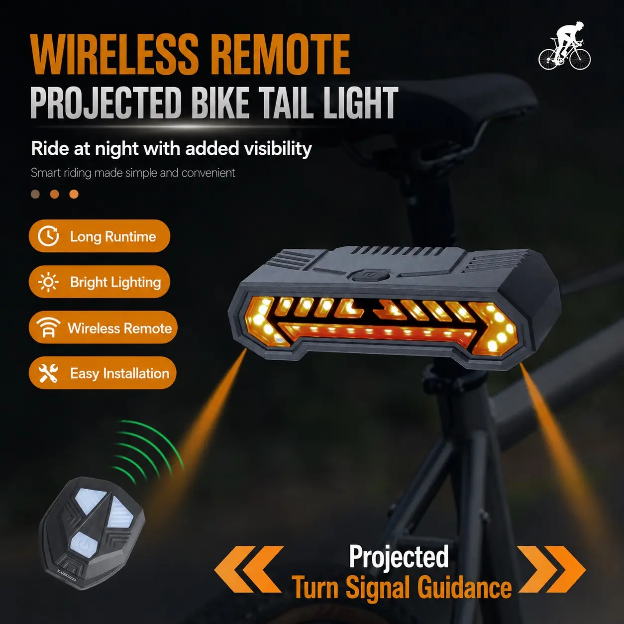 Cycling Projection Turn Signal Taillight - Type-C Charging, Long Battery Life, Left-Right Turn Warning, Rechargeable Wireless LED Strobe, Bike Night Ride Gadge,bike light set,night ride,bike gadget,light set
