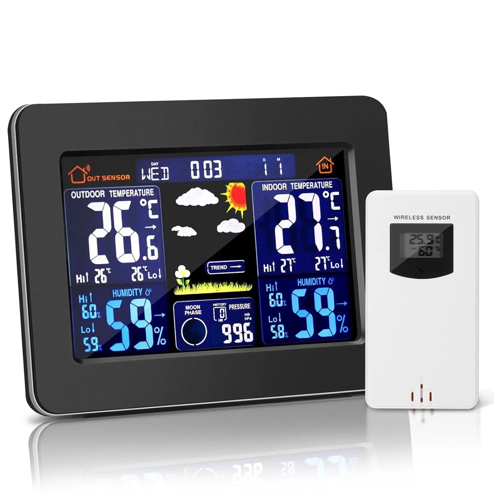 Wireless Weather Station Digital Color Weather Forecast Clock with Outdoor Sensor Indoor Outdoor Thermometer with Alarm Time Date Temperature Humidity Barometer Alarm Moon Phase Display