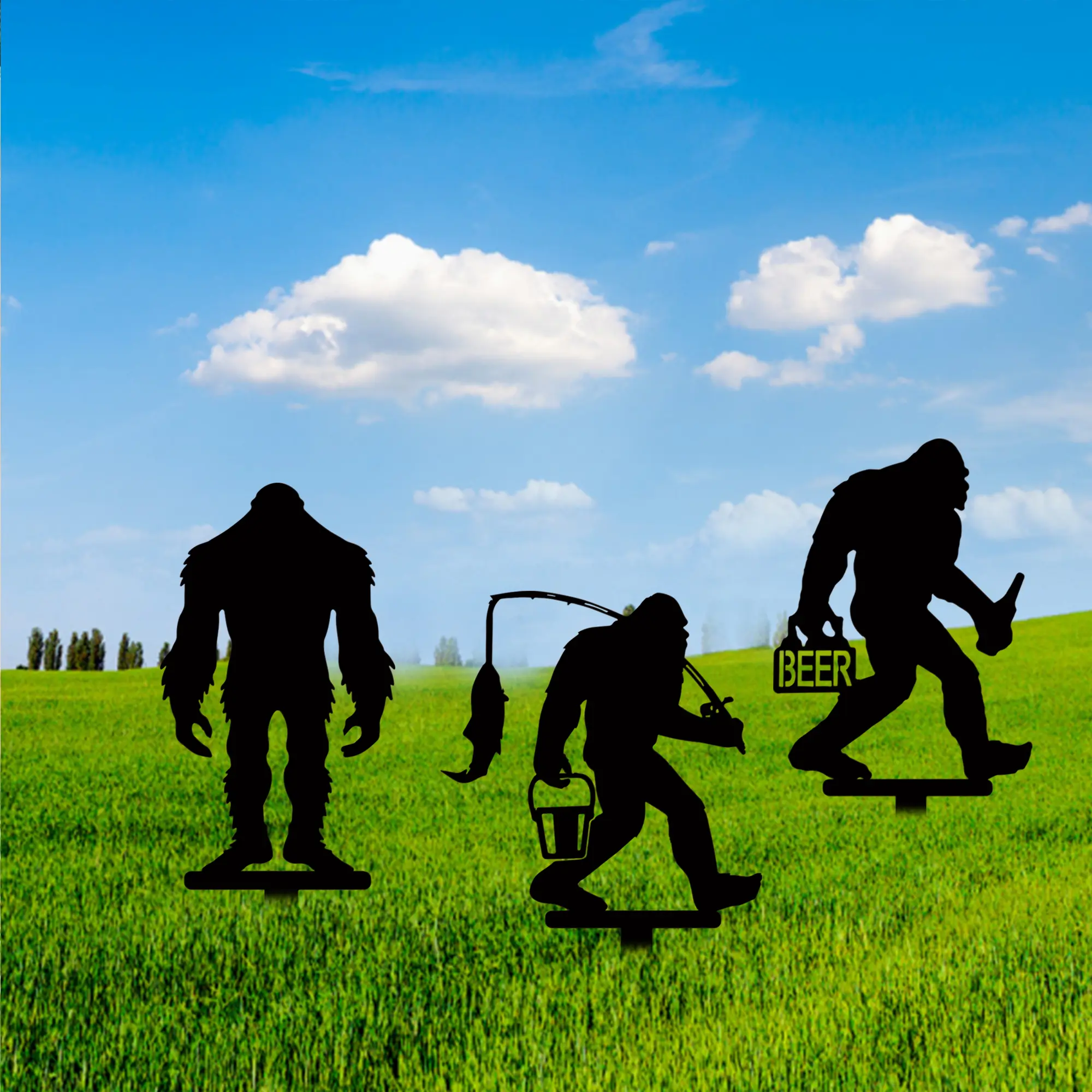 3pc, Metal Decorative Bigfoot Fishing Sasquatch Garden Stakes Sasquatch Gifts For Men Women, Sasquatch Statue Decorations Outdoor, Patriotic Decor, Yard Art, Patio, Outside, Lawn Decorations