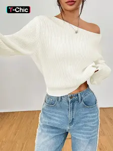 Women's Asymmetrical Neck Drop Shoulder Sweater Knitwear, Casual Loose-Fit Long Sleeve Knitted Top, Fall & Winter Fashion, Moderate Fabric