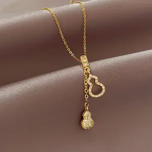 High-end Full Diamond Gourd Tassel Micro-inlaid Necklace for Women Fashionable Light Luxury Design Titanium Steel Non-fading Collarbone Chain