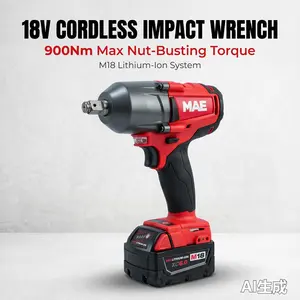 MAE M18 18V 900Nm 1/2 Inch Impact Wrench, Portable Automotive Tool with Rapid Charger, High Torque Screwdriver for Heavy Truck Repair
