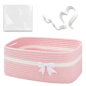 Large Woven Storage Basket with Handles for Nursery Living Room Shelves, Bow Basket for Gifts Empty with Gift Bags and Ribbons for Baby Showers Pet Toy Bin - Pink
