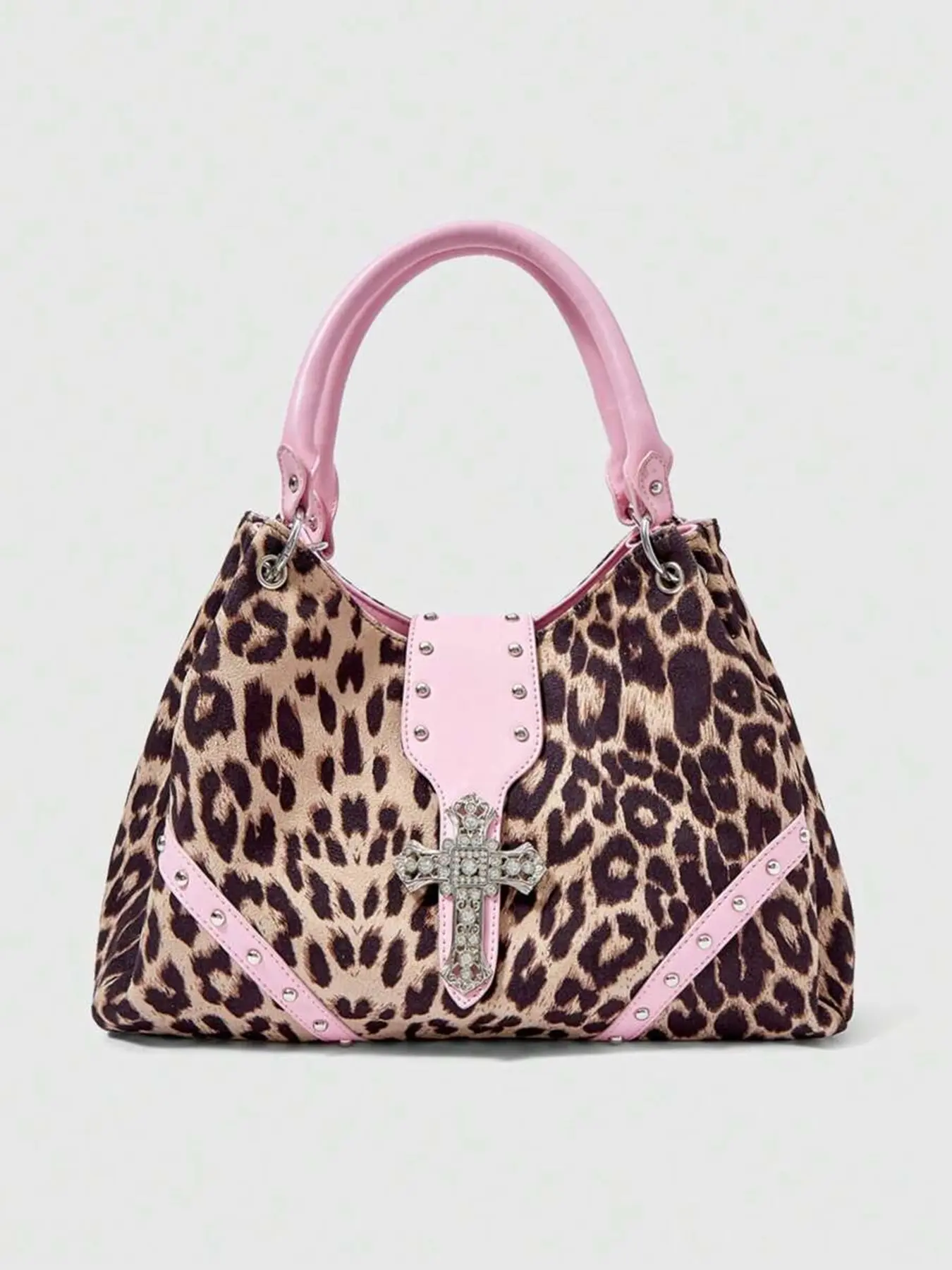 Sweet cool punk simple leopard shoulder handbag, niche retro leopard rivet classic shoulder bag, Fashionable patterned bag, contrast color suitable for daily commuting, shopping and dating, Crossbody Purses, Casual Crossbody