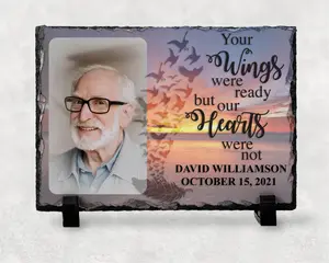 Rectangular Photo Memorial Slate Stone with Plastic Stand, Inspirational Quote, Personalization Options, Heaven, Mum Rectangle Angel Flowers
